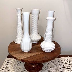 Lot of 5 vintage white milk glass bud stem vases wedding decor used condition